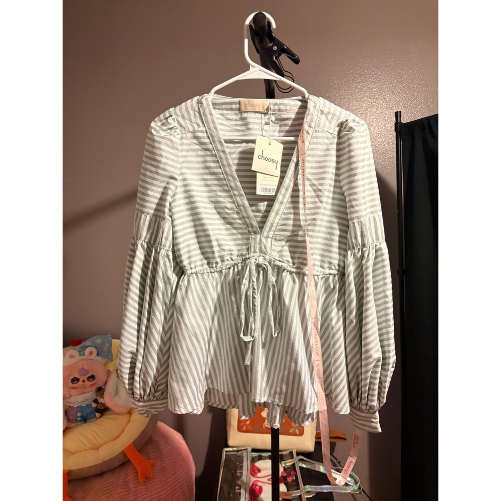 Choosy - Green and White Striped Babydoll Blouse, Tie Waist, Long Sleeve Sz XS